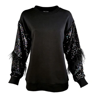 Lalipop Design Black Shimmering Sequin Sleeve Sweatshirt With Black Faux Feathers