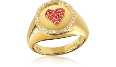 Makova Jewelry Designer Rings 18k Yellow Gold, 0.10 Ctw Sunset Sapphire & 0.15 Ctw Diamonds Queen Of Heart Pinky Ri In Doré