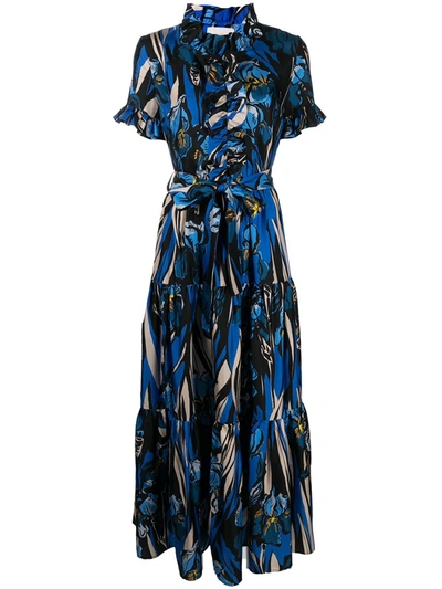 La Doublej Tiered Floral-print Satin Dress In Blue