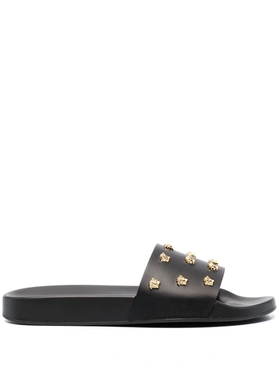 Versace Leather Sandal With All-over Medusa Head In Black