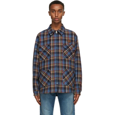 Gucci Checked Overshirt With Tiger Patch In Blue