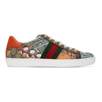 Gucci Brown Disney Edition Donald Duck Gg Ace Trainers In Beige