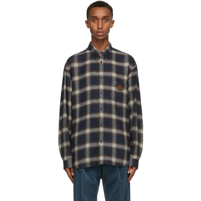 Gucci Logo-patch Checked Wool-flannel Shirt In Blue