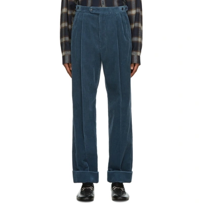 Gucci Avio Corduroy Pants W/ Leather Patch In Blue