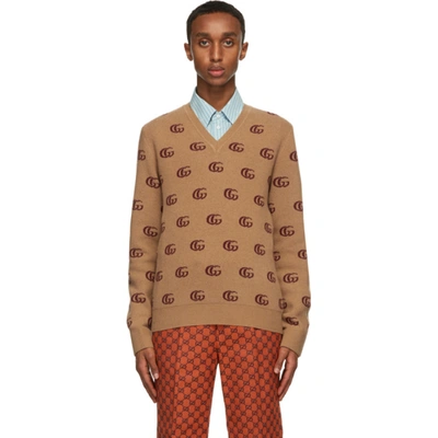 Gucci Double G Jacquard Wool V-neck Jumper In Brown