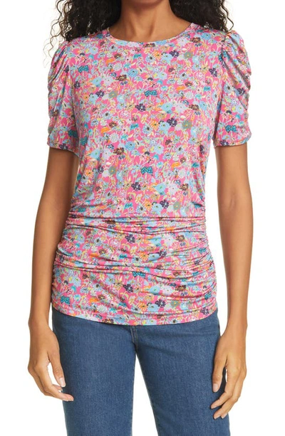 Tanya Taylor Chaia Floral Ruched Short Sleeve Top In Mixed Meadow Hot Pink