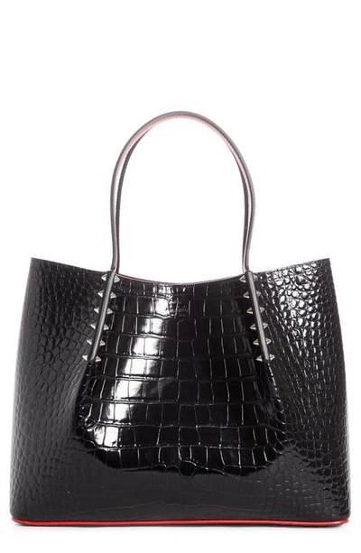 Christian Louboutin Cabarock Large Spiked Croc-effect Glossed-leather Tote In Black