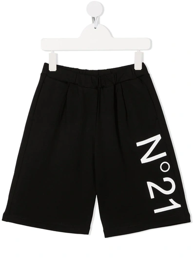 N°21 Kids' Logo Print Cotton Sweat Shorts In Nero