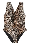 Ganni Black & Brown Recycled One-piece Swimsuit In Animalier