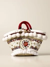 SIKULY COFFA BAG IN LACE AND LEATHER WITH MAXI POMPOM AND EMBLEM,11676303