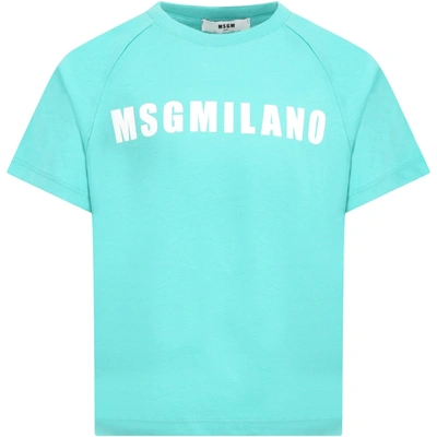Msgm Green T-shirt For Kids With Logo In Verde Acqua