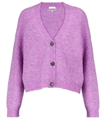 Ganni V-neck Buttoned Cardigan In Purple