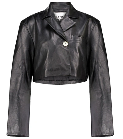 Ganni Cropped Double-breasted Leather Jacket In Black
