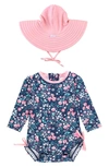 Rufflebutts Moonlit Meadow One-piece Rashguard Swimsuit & Hat Set In Blue