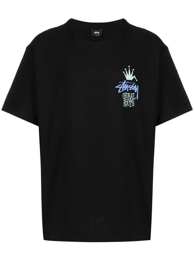 Stussy Global Roots Printed Cotton T-shirt In Black