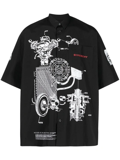 Givenchy Black Poplin Schematics Short Sleeve Shirt