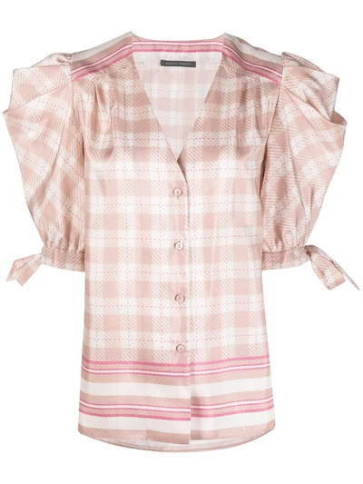 Alberta Ferretti Check-print Puff-sleeve Satin Blouse In Pink