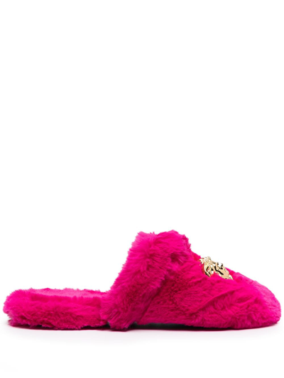 Versace Logomania Faux-fur Slippers In Fuchsia,gold