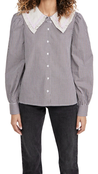 English Factory Gingham Check Long Sleeve Blouse In Brown