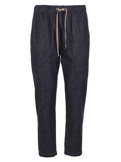 Brunello Cucinelli Dark Polished Denim Track Trousers With Shiny Stitch Denim Blue In Dark Wash