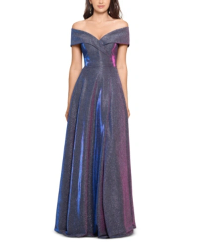 Xscape Women's Off-the-shoulder Shimmer Wrap Style Gown In Fuschia