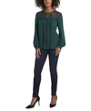 Vince Camuto Women's Lace Yoke Pleated Front Blouse In Deep Evergreen