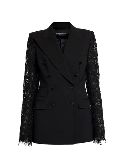 Dolce & Gabbana Stretch Wool Blend Jacket W/lace Sleeve In Black