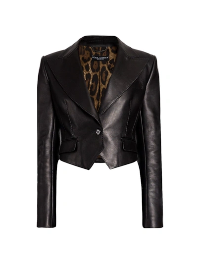 Dolce & Gabbana Leather Top Stitch Crop Jacket In Black
