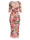 DOLCE & GABBANA FLORAL TULLE RUCHED MIDI DRESS,400013483830