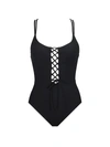 Skinny Dippers Jelly Beans Suga Babe Lace Up Front Tummy Control One-piece Swimsuit Women's Swimsuit In Black
