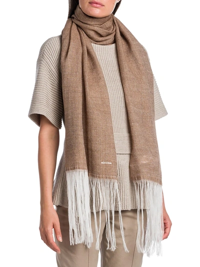 Agnona Extra-fine Cashmere & Wool Contrast Fringe-trim Scarf In Beige