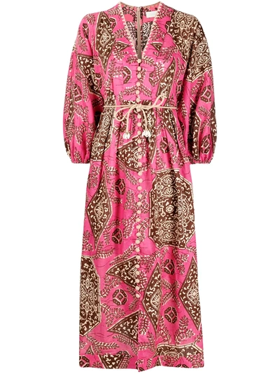 Zimmermann Lulu Belted Crochet-trimmed Printed Linen Midi Dress In Pink