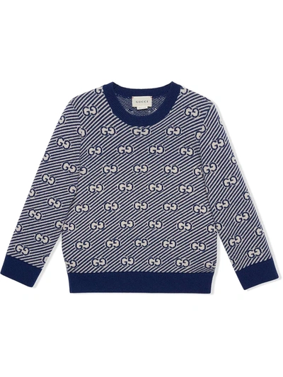 Gucci Kids' All Over Logo Knitted Jumper Navy In 블루,화이트