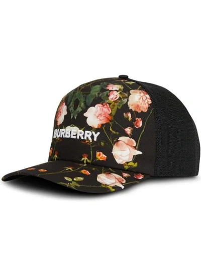 Burberry Rose Print Cotton And Mesh Baseball Cap In Black