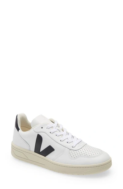 Veja V-10 Low Top Sneaker In White/ Black Leather