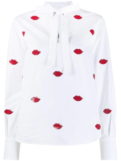 Valentino Sequin Lip Applique Cotton Poplin Shirt In White