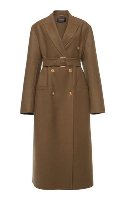 Versace Belted Wool Double Breasted Long Coat In Brown