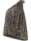BRUNELLO CUCINELLI ONE-SHOULDER LEAF EMBROIDERED SILK BLOUSE WITH SEQUIN EMBELLISHMENT