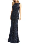 Mac Duggal Sequin Cowl-back Sleeveless Gown In Mid Night