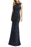Mac Duggal Cowl Back Boat Neck Sequined Evening Gown In Midnight In Midnight