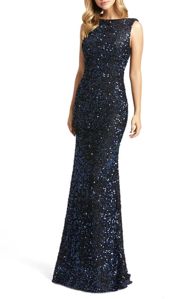 Mac Duggal Sequin Cowl-back Sleeveless Gown In Mid Night