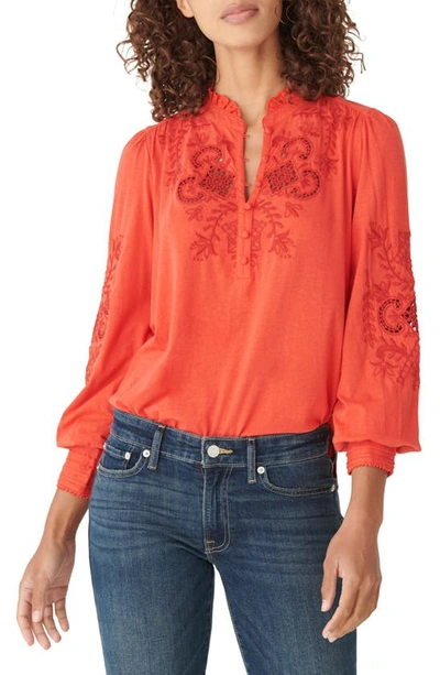 Lucky Brand Floral Embroidered Knit Top In Molten Lava