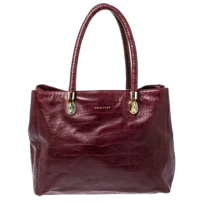 Pre-owned Cole Haan Burgundy Croc Embossed Leather Tote
