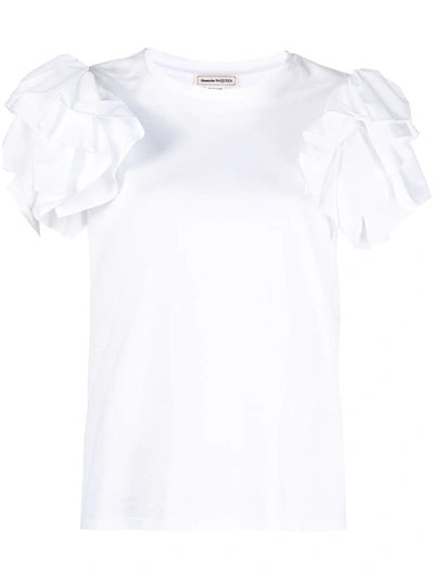Alexander Mcqueen Asymmetric Cotton-jersey And Ruffled Taffeta T-shirt In White