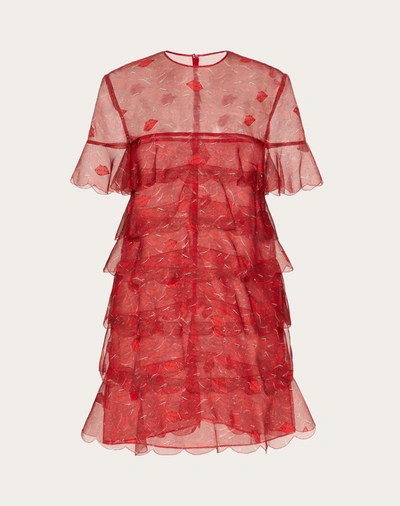 Valentino Short Printed Organza Dress In Red