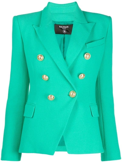 Balmain Double-breasted Jacket In Pique Cotton In Green