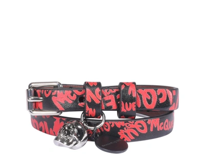 Alexander Mcqueen Graffiti Leather Triple Wrap Bracelet In Black