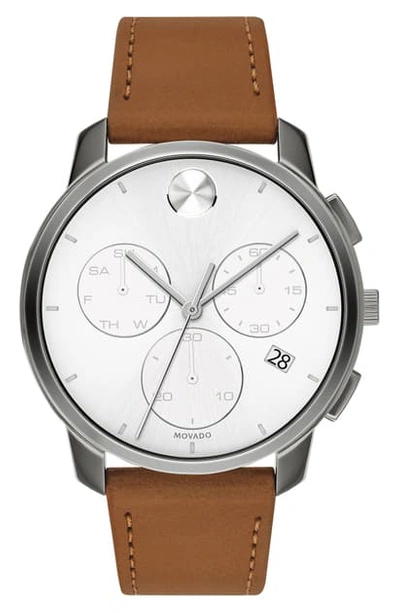 Movado Bold Chronograph Leather Strap Watch, 42mm In Cognac/ White/ Gunmetal