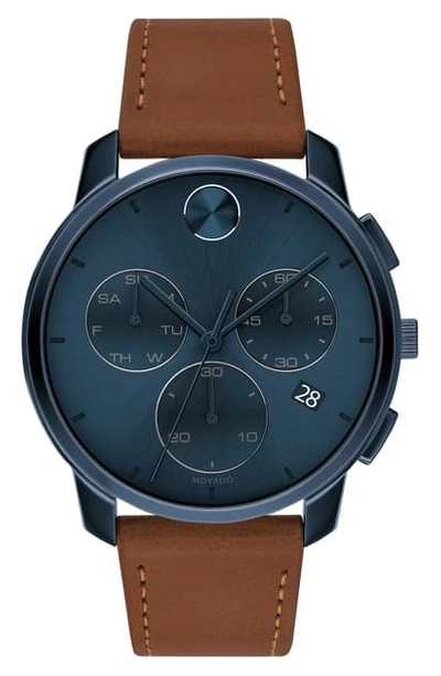 Movado Bold Chronograph Leather Strap Watch, 42mm In Cognac/ Blue