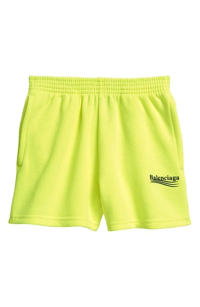 Balenciaga Kids' Logo Print Cotton Sweat Shorts In Neon Yellow